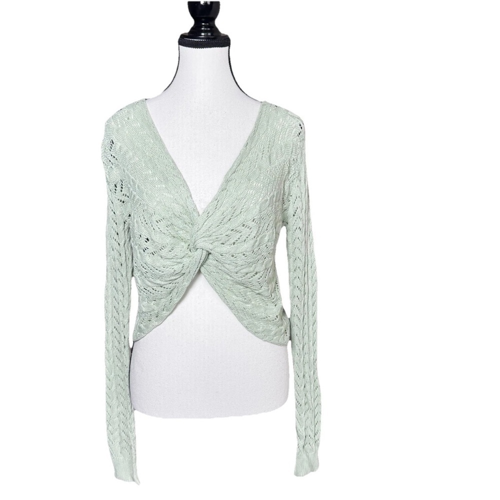 American Threads SZ L Jade Green Cropped Twist Front Long Sleeve Sweater Y2K NWT